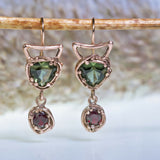 Rose gold earrings with moldavit and Czech garnet